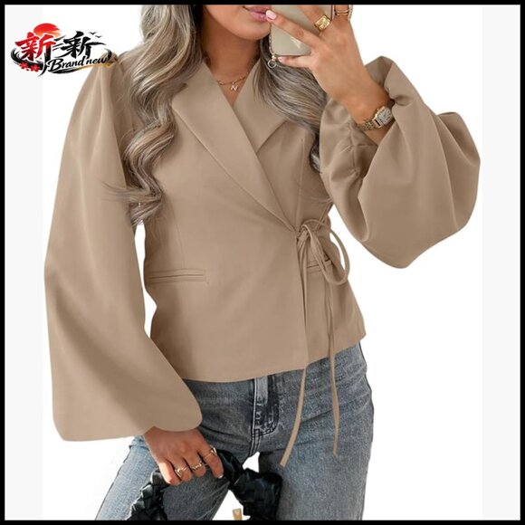 Puff Sleeve V-Neck Wrap Cropped Blazer Polyester Blend